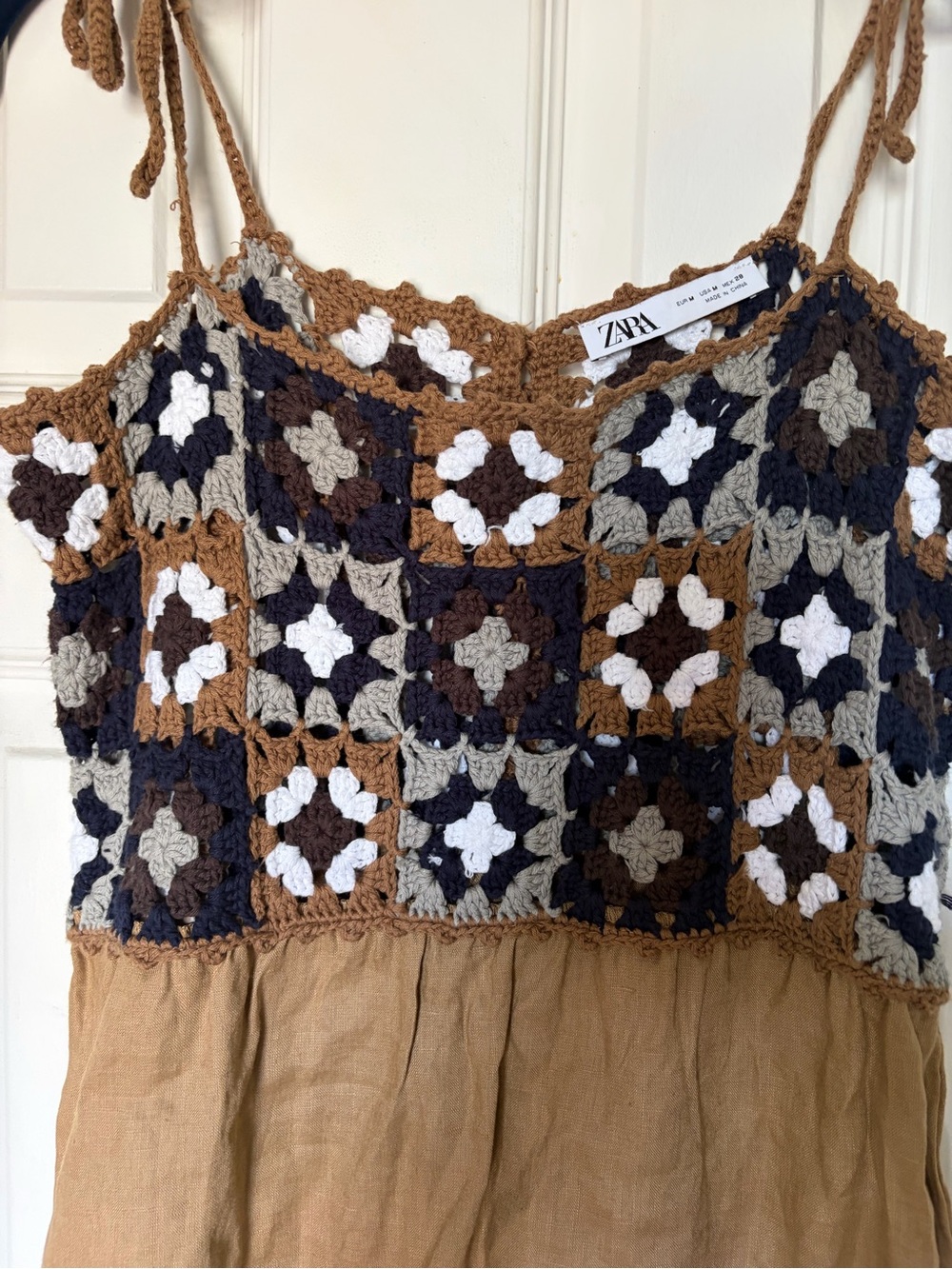 Zara MixedCrochet Patchwork Top in Brown, Black & Cream Size M - Picture 5 of 9